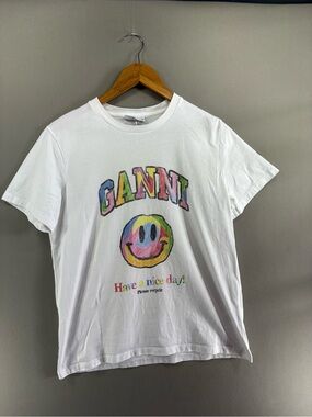 Ganni Smiley Rainbow Graphic T-shirt Women Small White Short Sleeve